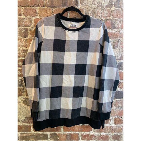Lands’ End Serious Sweats Black/White Plaid Pullover Sweater Women’s Size M 10-1 - Picture 1 of 8